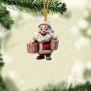 Close-up of a Santa Claus resin ornament hanging on a Christmas tree with golden cord