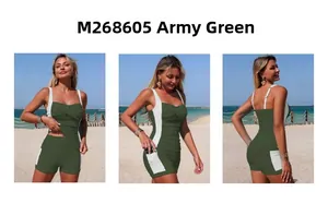 Detail of army green tankini swimsuit with contrast white stitching and side pocket