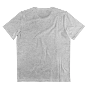 Detail of grey heather texture on men's cotton crewneck short sleeve t-shirt