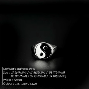 High-quality stainless steel Yin Yang signet ring for men with detailed size chart