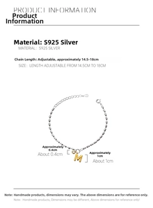 Detail of S925 silver beaded bracelet with adjustable length 14.5 to 18CM and M pendant