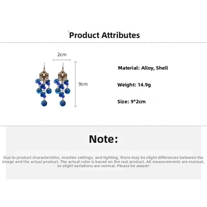 Detail view of ethnic blue tassel earrings with shell beads and 9cm length dimensions