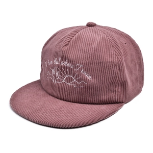 Close-up of white cactus embroidery on dusty rose corduroy flat brim baseball cap