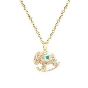 Elegant gold rocking horse necklace with white zircon stones and teal enamel accents