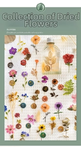 Detail of assorted wax seal and dried flower PET stickers for scrapbooking decor
