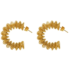Golden 18K gold-plated C-shape stud earrings with pleated wire-wrapped texture for women