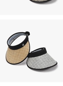 Detail of wide brim sun visors in straw and textured fabric with adjustable strap