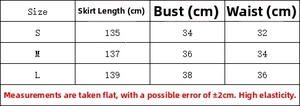 Detailed size chart for backless slim beach dress in S, M, L with length and bust measurements