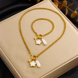 Stainless Steel Gold Plated Double Layer Necklace And Bracelet Flower Butterfly Artificial Baroque Pearl Pendants Women Accessories