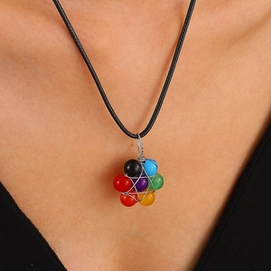 Colorful stone pendant necklace with silver wire wrap on black leather cord