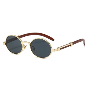 Retro Oval Sunglasses Metal Frame Wood Grain Temples UV400 Protection Vintage Steampunk Eyewear For Men And Women