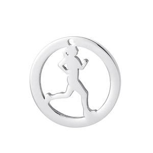 Pendentif rond en acier inoxydable poli avec silhouette de femme qui court ajourée