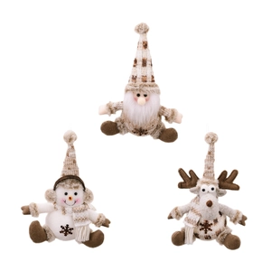 Three knitted Christmas ornaments featuring Santa, Snowman, and Reindeer on a white background