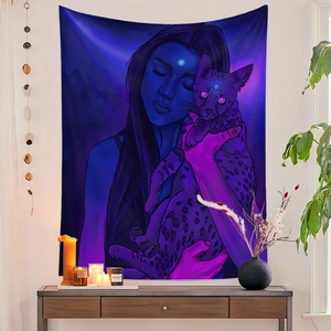 Detailed mystic tapestry with blue and purple female illustration on white wall décor