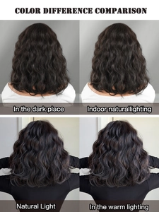 Detail comparison of black short wavy wig color in different lighting conditions