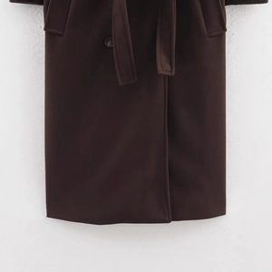 Fashionable long wool coat in dark brown with waist belt and classic stand-up collar detail