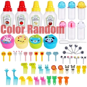 Mini cartoon animal fruit forks and portable lunch condiment bottle set for kids bento