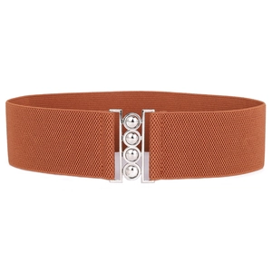 Women's 6cm wide elastic waist belt in tan with silver metallic buckle and embossed detail