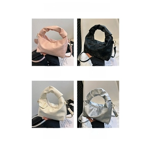 Collage of pleated pillow bags in pink, black, white, and silver with metal chain straps