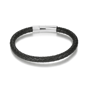 Geflochtenes Herren-Lederarmband in Schwarz mit poliertem silbernem Magnetverschluss-Design