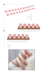 Detailed view of pink gradient press-on nails with silver glitter and 24-piece set layout