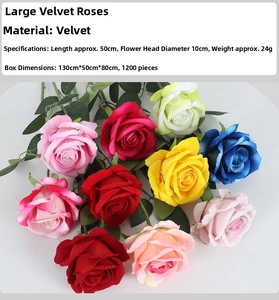 Flat lay of colorful velvet artificial roses with 10cm flower heads in various vibrant hues