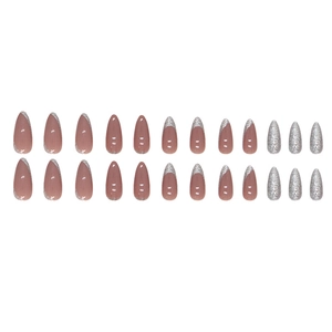 Almond shaped almond press-on nails with silver glitter French tips and glossy mauve finish