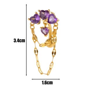 Piercing ombelico dorato con zirconi viola a cuore e catenelle, misura 3,4cm x 1,6cm