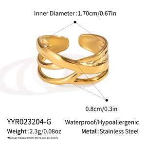 Detail view of gold geometric layered ring with size dimensions and weight info