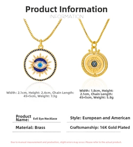 Macro view of evil eye necklaces showing dimensions and 16K gold plated brass details