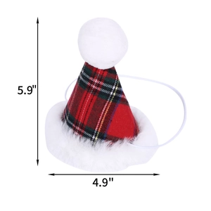 Christmas pet hat with red and green plaid pattern, 5.9 by 4.9 inch dimensions detail