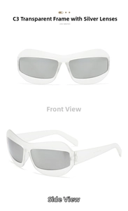 Lunettes de soleil bouclier futuristes avec monture transparente et verres argentés