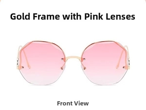 Front view of rimless gold metal sunglasses with pink gradient polygonal lenses