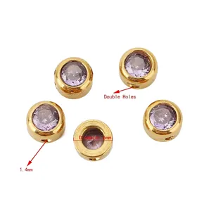 6mm gold-plated stainless steel beads with purple zirconia and double-hole design