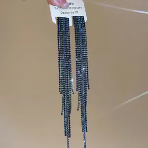 Elegant S925 silver fringe earrings with blue and green crystals for women