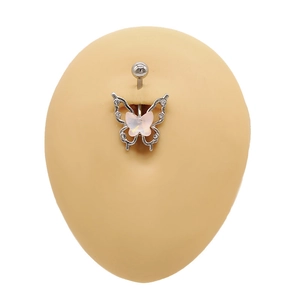 Close-up of pink butterfly belly button ring with rhinestones on silicone model