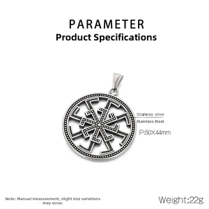 Detail view of a 50x44mm Viking Odin rune compass pendant in polished stainless steel