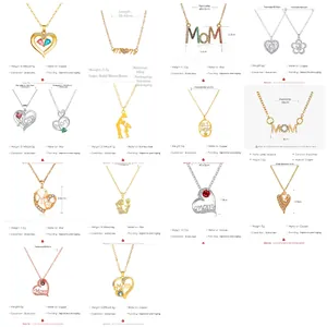 Detailed grid of Mother's Day necklaces with MOM heart designs in various metal finishes