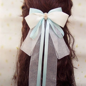 Bow Hair Clip Long Streamers Satin Organza With Artificial Pearl Rhinestone Elegant Vintage Chinese Style For Women Girls Retro