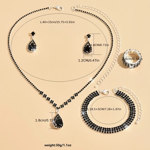 Detailed size specifications for silver jewelry set with black crystal necklace and earrings