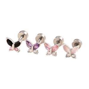 Silver butterfly earrings with colorful zircon stones in black, pink and purple sets