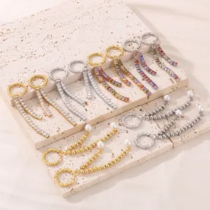Tassel Drop Earrings Stainless Steel Square Cubic Zirconia Faux Artificial Pearl Geometric Hoop Long Hammered Chain Jewelry For Women