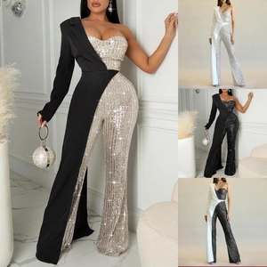 Women's one-shoulder sequin jumpsuit with lapel collar in four color options