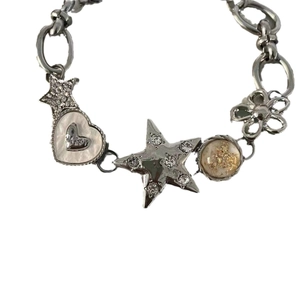 Metallic star and heart charm bracelet with silver oval links and resin pendants