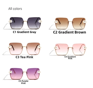 Detail of five rimless square sunglasses colors featuring pearl accents on temples