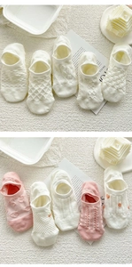 Detailed view of white and pink low cut invisible socks with diverse knit patterns