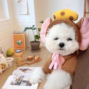 Brown knitted pet hoodie with mouse ears and cheese accent for small dogs and cats
