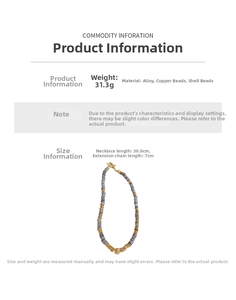 Detailed view of striped bead necklace with shell beads and 31.3g material specs