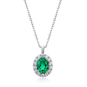 Elegant S925 silver necklace featuring an oval green emerald pendant with halo diamonds