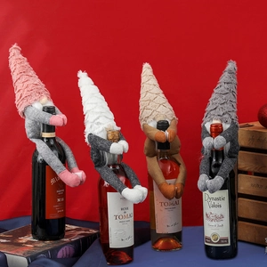 Christmas gnome wine bottle covers set in four colors with plush and knitted fabric